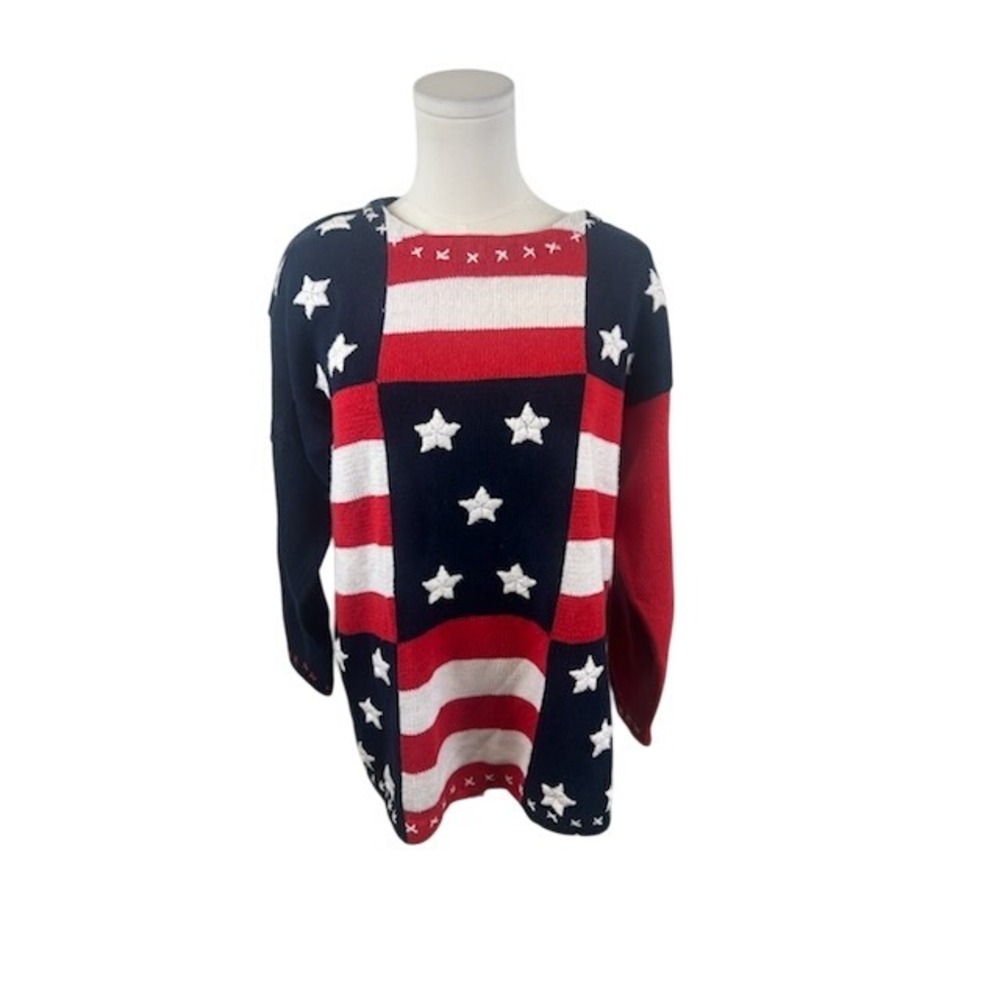 DBL American Flag Stars Stripes Knit‎ Sweater USA Red White Blue Vintage Size M